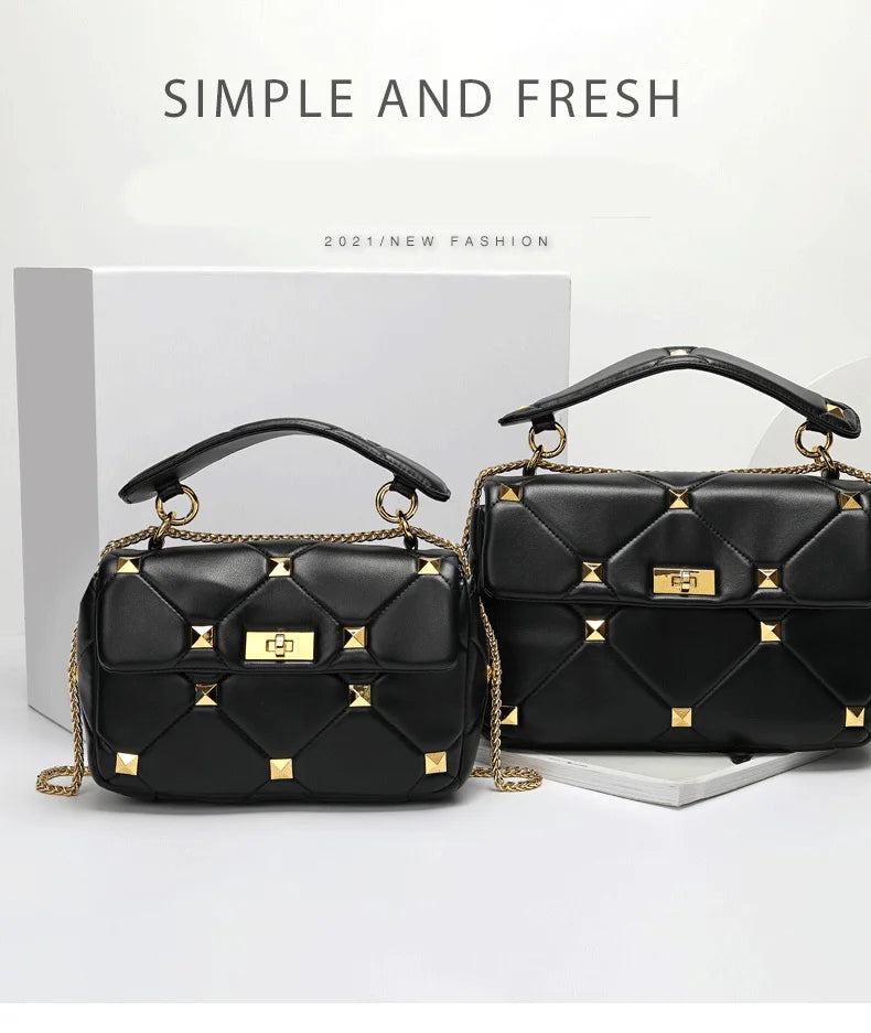 Trendy Leather Square Sheep Leather Designer Black square Shoulder Crossbody Studded Bag Purse Handbags for Women