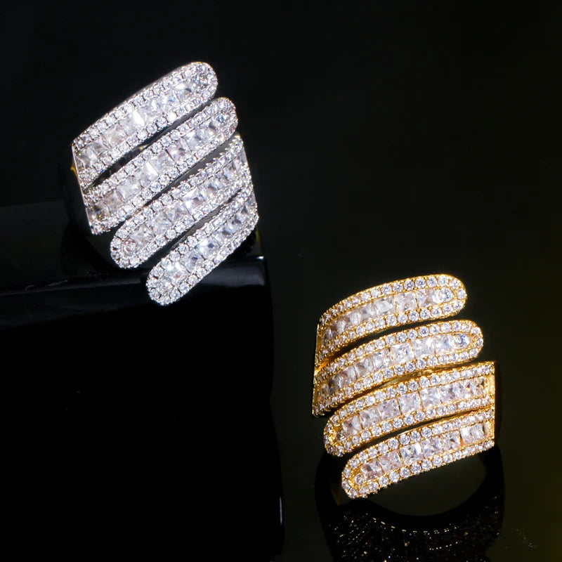 Luxury Dubai Gold Silver Color Cubic Zirconia Big Resizable Ring for Women Cocktail Party Jewelry Accessories