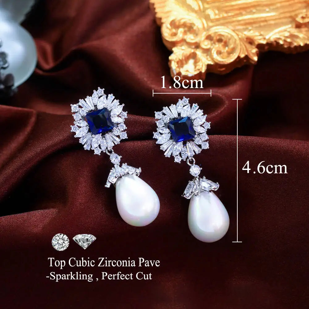 Vintage Luxury White and Royal Blue Cubic Zirconia Brides Big Simulated Pearl Dangle Drop Earring for Women Wedding Party