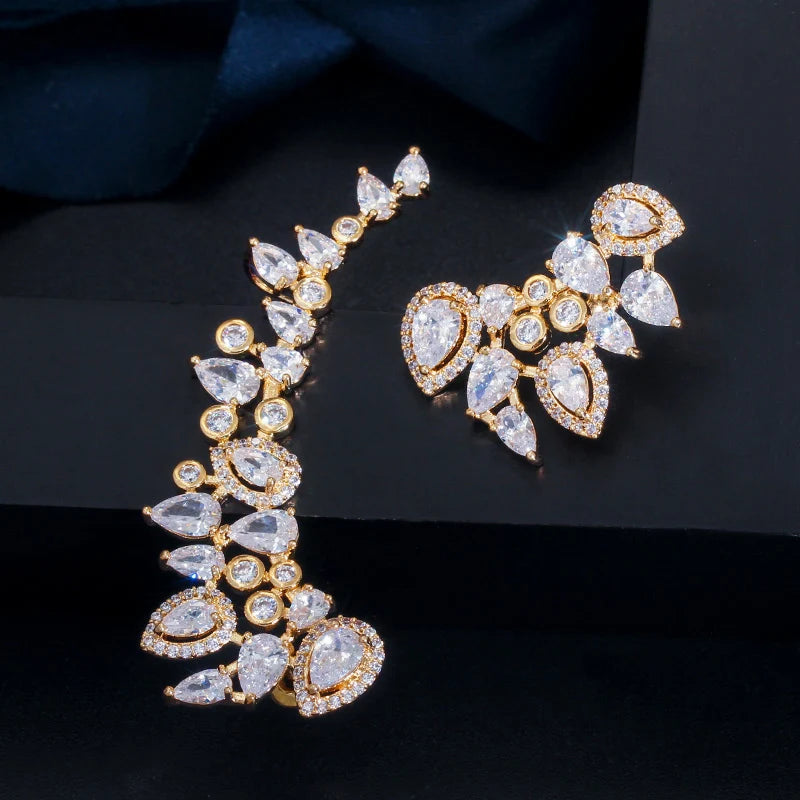 CZ Rainbow Color Water Drop Long Asymmetrical Ear Climber Clamp Cuff Stud Earrings for Wife Sister Gift Unique Design