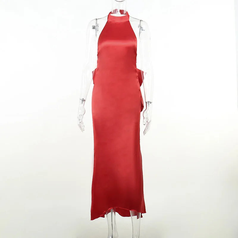 Custom Sexy Hang Neck Backless Red Big Bow Party Prom Gowns Evening Long Dresses for Women