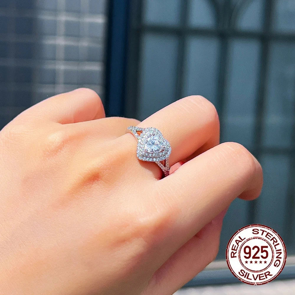 Delicate White Gold Plated 925 Sterling Silver Big Cubic Zircon Heart Shape Engagement Ring for Women Jewelry Accessories