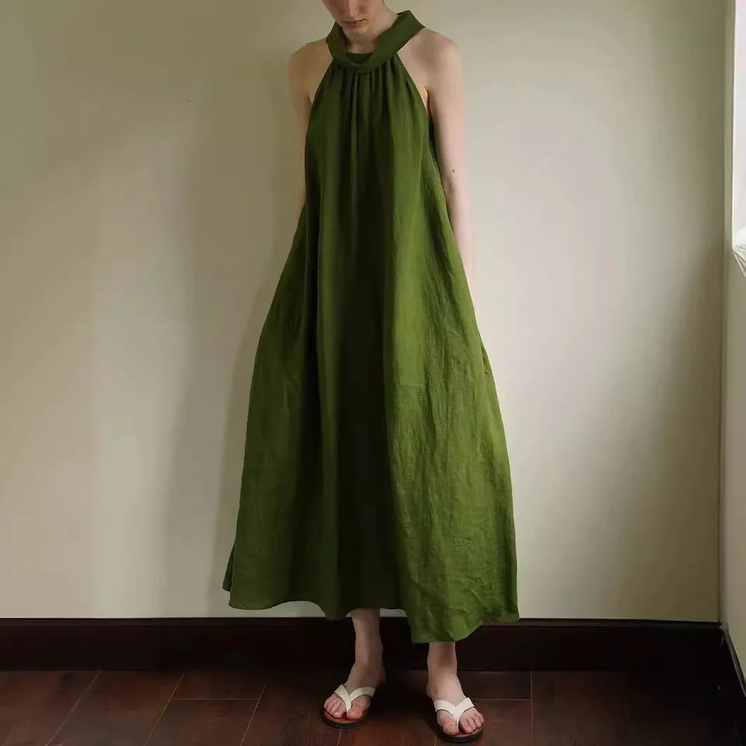 2025 Women Sleeveless Halter Dress Summer Maxi Length Style Natural Waistline Loose Straight Solid Color Casual Dress