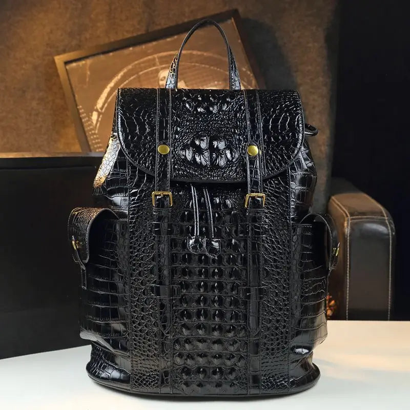 Large Capacity Crocodile Leather Unisex Backpack with Nylon Lining Zipper Closure for Male and Female Travelers and Students