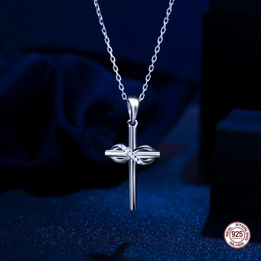 Fashionable Cubic Zircon 925 Sterling Silver Chain Link Infinite Symbol Cross Pendant Necklace for Women Men Daily Wear Jewelry