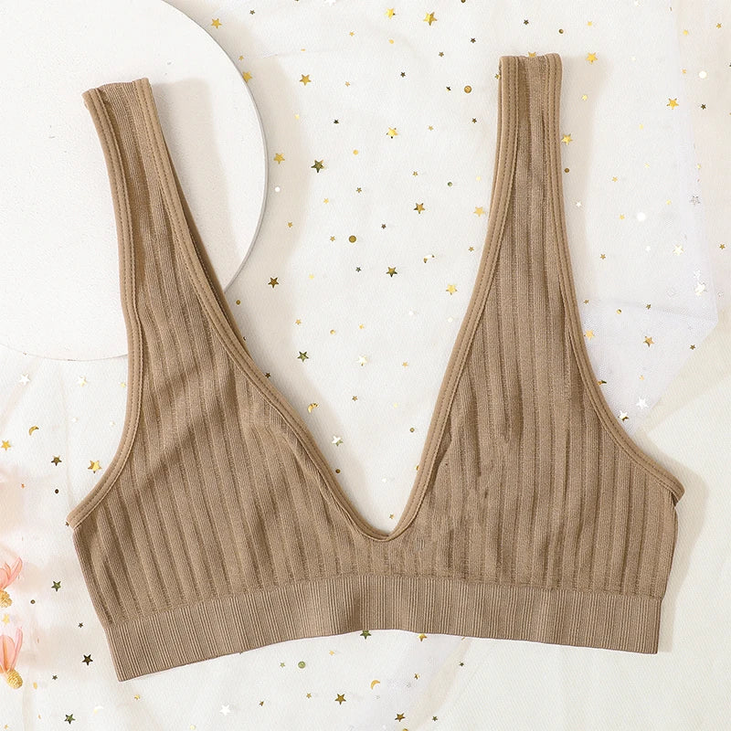 V-neck Push Up Bras For Women Seamless Bra Sexy Lingerie Female Low Back Ribbed Bralette Sleep Underwear Unlined Bra Crop Tops