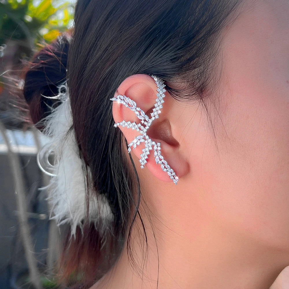 2025 Trendy Zirconia Jewelry Ear Bone Clips Long Big Snowflakes Irregular Wedding Bridal Ear Cuff Climber Earring for Women Gift