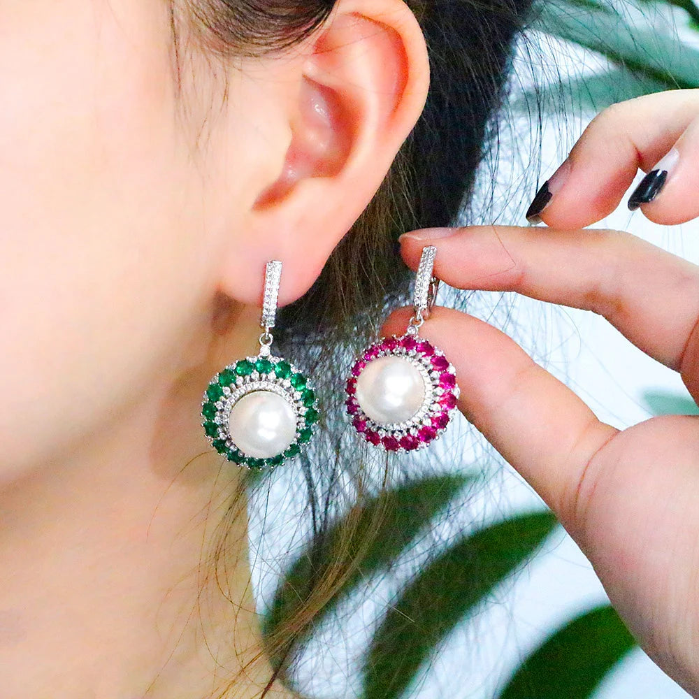 Fashion Silver Plated CZ Huggie Round Big Pearl Drop Earrings for Wedding Quality Green Red Cubic Zirconia Crystal Jewelry Gifts