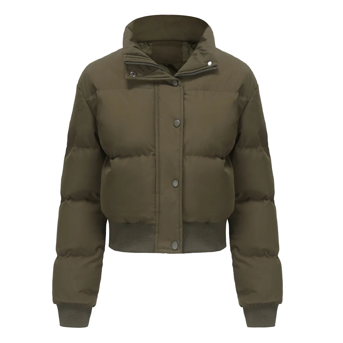 2025 Winter Women Padded Short Coat Solid Color Quilted Jacket Long Sleeve Stand Collar Zipper Button Warm Casual Bread Coat