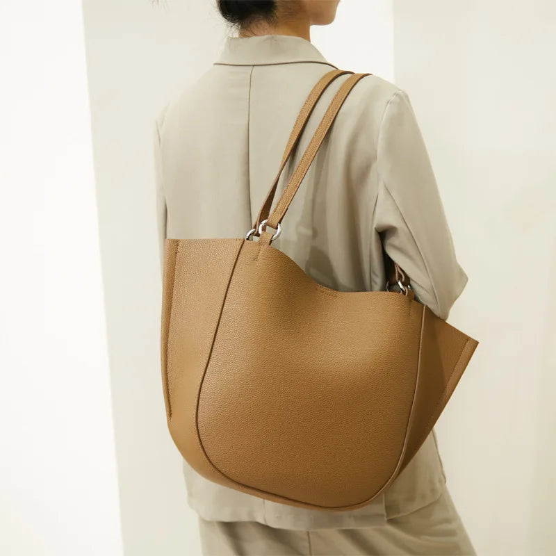 Genuine Leather Women's Large Capacity Casual Tote Bag with Niche Design Fashionable Simple Personality Style for Mother Child