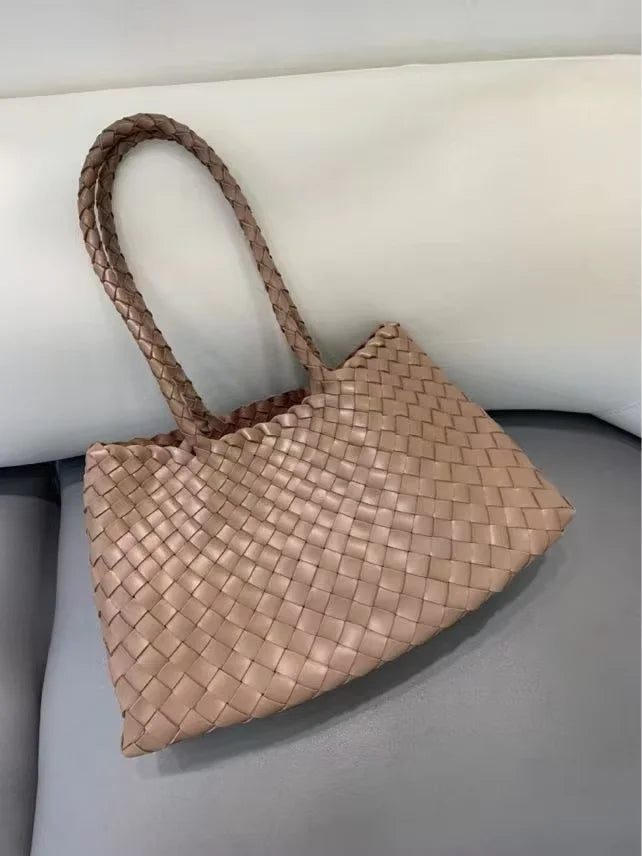 Luxury Tanned Cowhide Genuine Braided Leather Woven Shoulder Bags Large Capacity Soft Hand-woven Women's Bags with Cotton Pouch