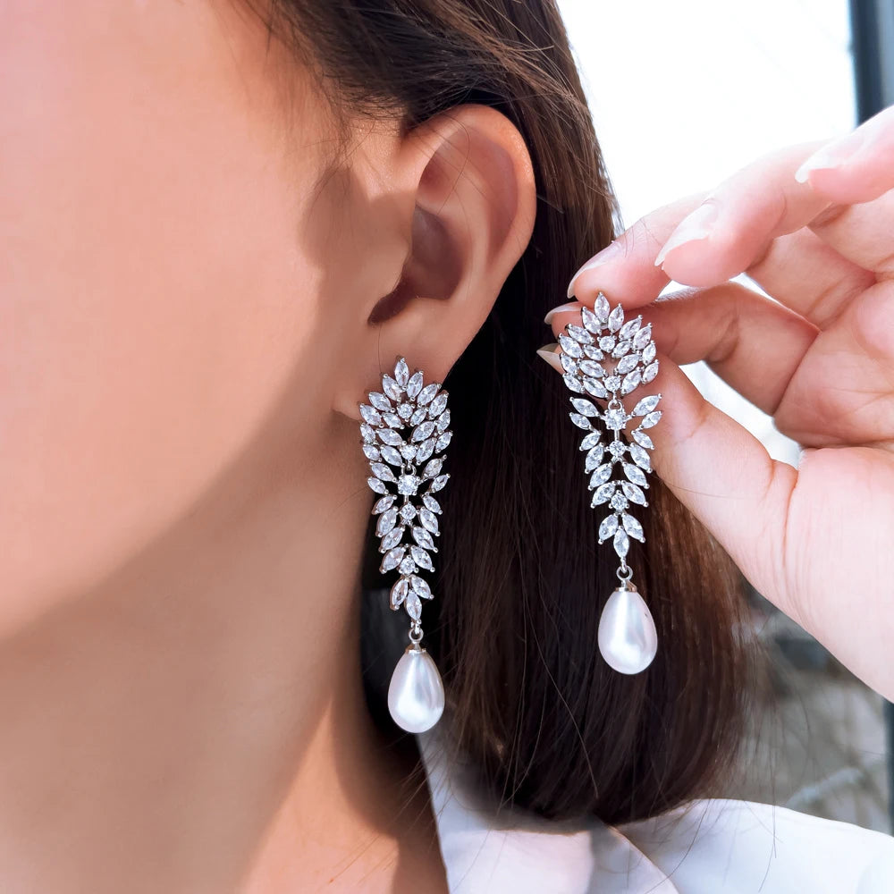Elegant Shiny Marquise Cut Cubic Zirconia Long Leaf Drop Simulated Pearl Bridal Wedding Party Drop Earrings for Women Jewelry