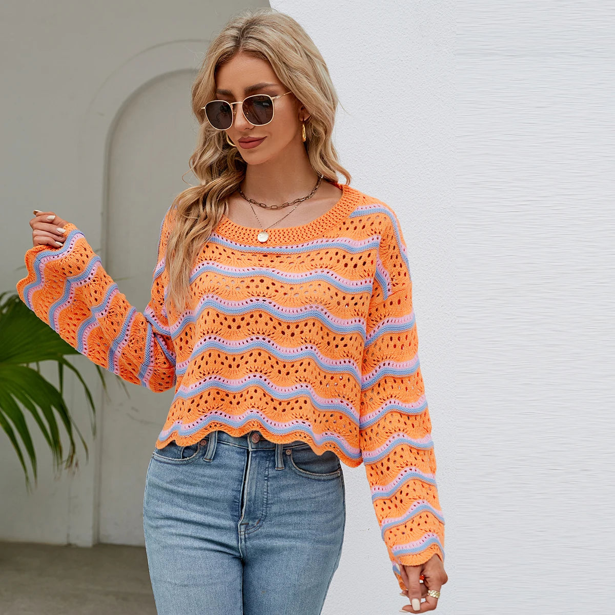 2025 Sweaters for Women O Neck Striped Long Sleeve Pullover Sweater Loose Oversized Fashion Knitted Sweater