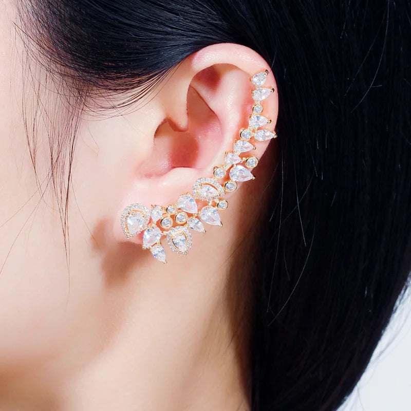 CZ Rainbow Color Water Drop Long Asymmetrical Ear Climber Clamp Cuff Stud Earrings for Wife Sister Gift Unique Design