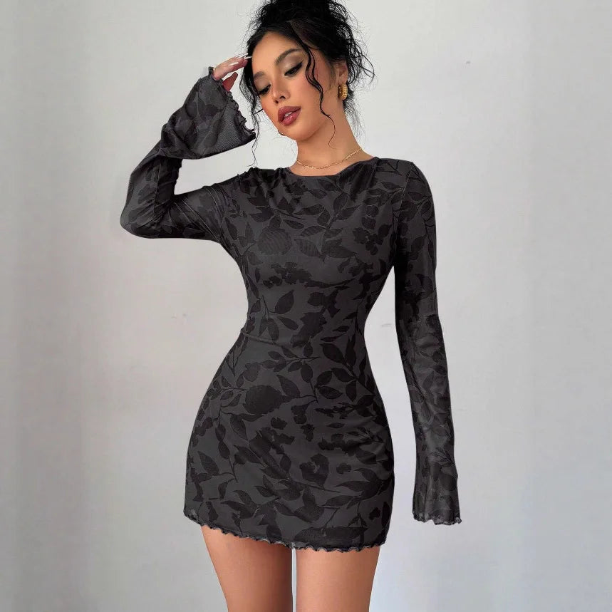 Flared Long Sleeve Women Short Dresses Slim Waist Fashion Backless Lace-up O-neck Sexy Women's Casual Short Dress