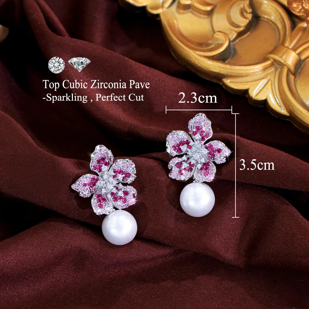 Delicate Shiny Pink Red Cubic Zirconia Big Simulated Pearl Long Flower Dangle Drop Earrings for Women Bridal Party Jewelry