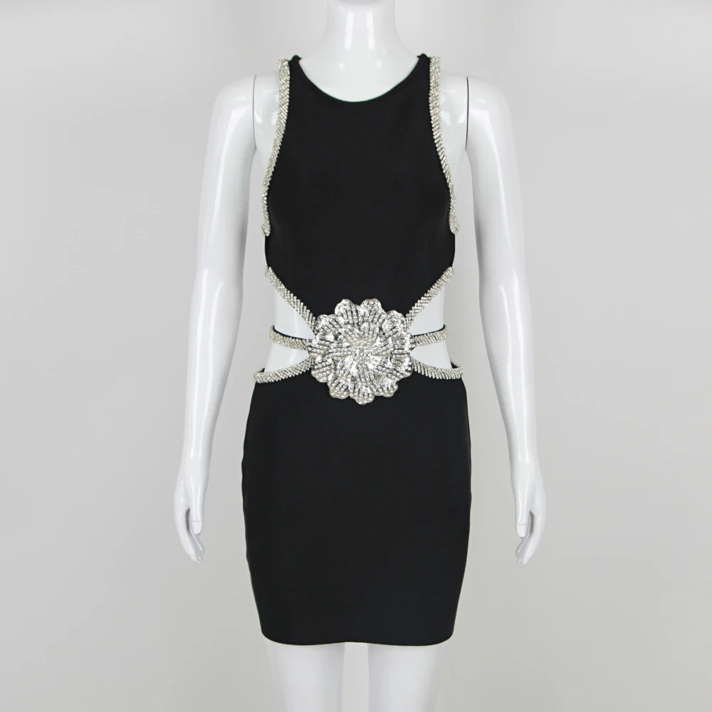 New Fashion Sleeveless Short Party Dress Elegant Women Rhinestone Flower Sexy Cut-out Club Dresses