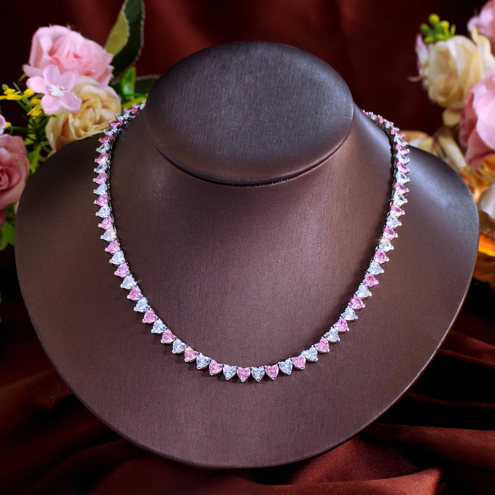 Dainty 3 Claws Cubic Zirconia Setting White and Pink Heart Tennis Necklace for Women Wedding Bridal Party Daily Wear Jewelry