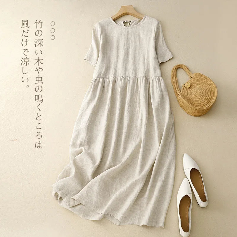 2025 Summer New Simple and Elegant Cotton Dress Artistic O-neck Short Sleeve Large Swing Long Dress