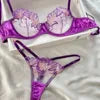 Sexy Lace Embroidery Underwear Two Piece Set Women's Big Breasts Small Thin Push-Up Bra Set Ladies Purple See Through Lingerie