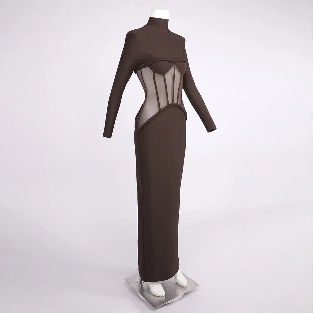 Sexy New Design See-Through Mesh Dress Corset Long Sleeve Maxi Cocktail Party Evening Dress