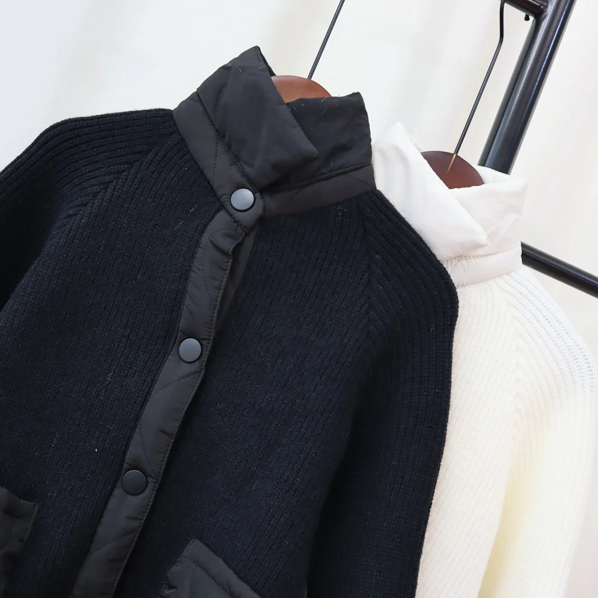 New Autumn Winter Spliced Cotton Jacket Knitted Cardigan Women's Loose Design Sweater Jacket