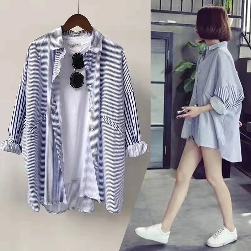 2025 Women Ladies Patchwork Striped Shirts Spring /Autumn Midi Length Loose Women's Casual Shirt and Blouse