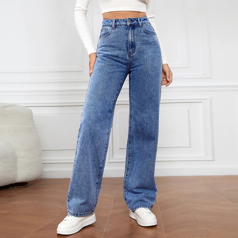 2025 Fashion New Women's High Waist Washed Pure Color Long Casual Basic Straight Leg Long Jeans