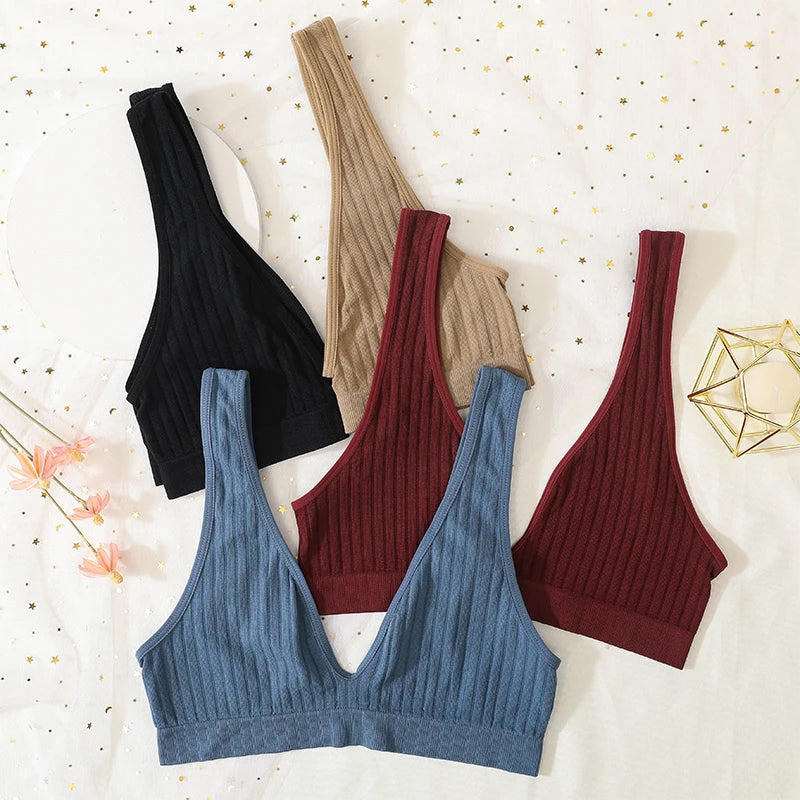 V-neck Push Up Bras For Women Seamless Bra Sexy Lingerie Female Low Back Ribbed Bralette Sleep Underwear Unlined Bra Crop Tops