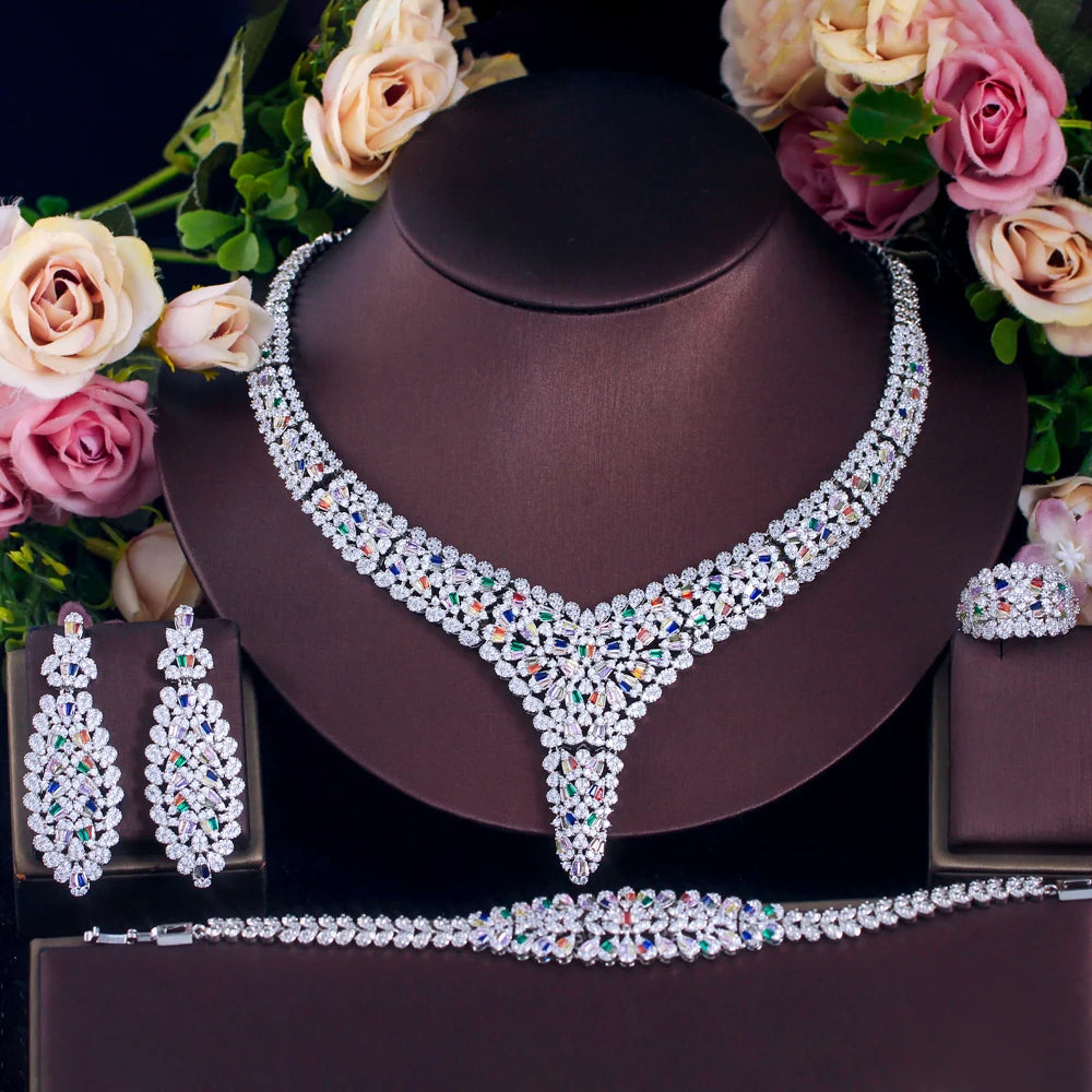 Luxurious Styles Silver Plated Mixcolor Cubic Zircon Party Bridal Big Jewelry Set for Women Wedding Dress Accessories