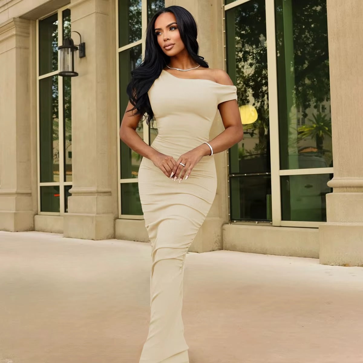 Elegant Bodycon Maxi Vestidos Women Chic Solid Skew Collar Sleeveless Pleated Long Dresses Female New Summer Party Outfits