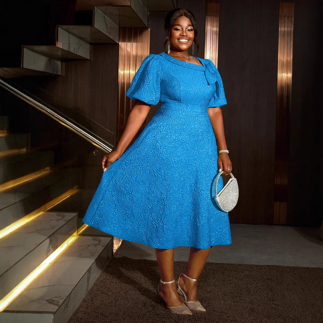 Plus Size African Jacquard Party Dress for Women - Elegant A-Line Evening Gown for Curvy Fashion