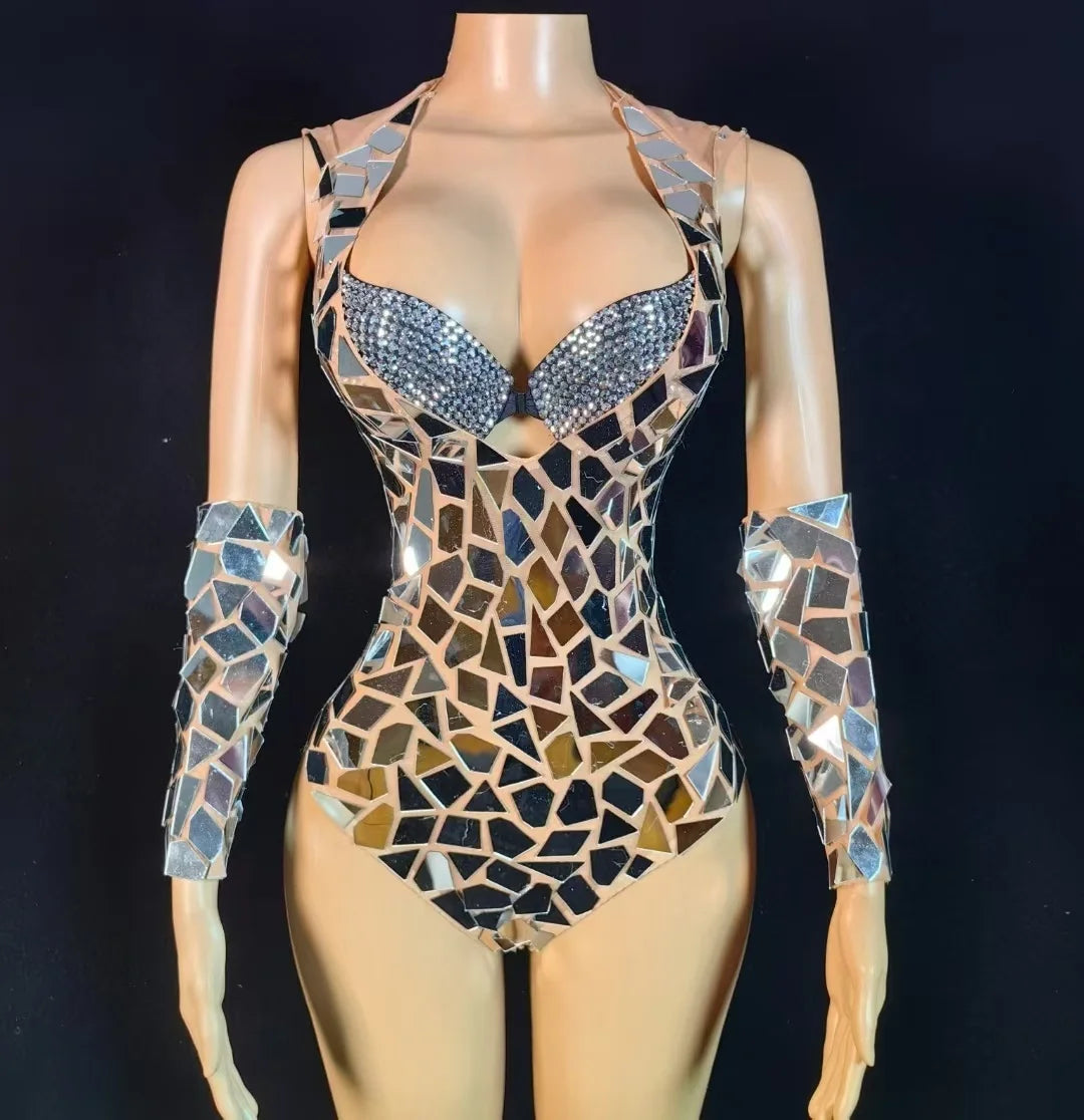 New Arrivals Sequin Club Bodysuits Silver Crystal Bra Inside Costume Hot Sexy Bodysuit for Women