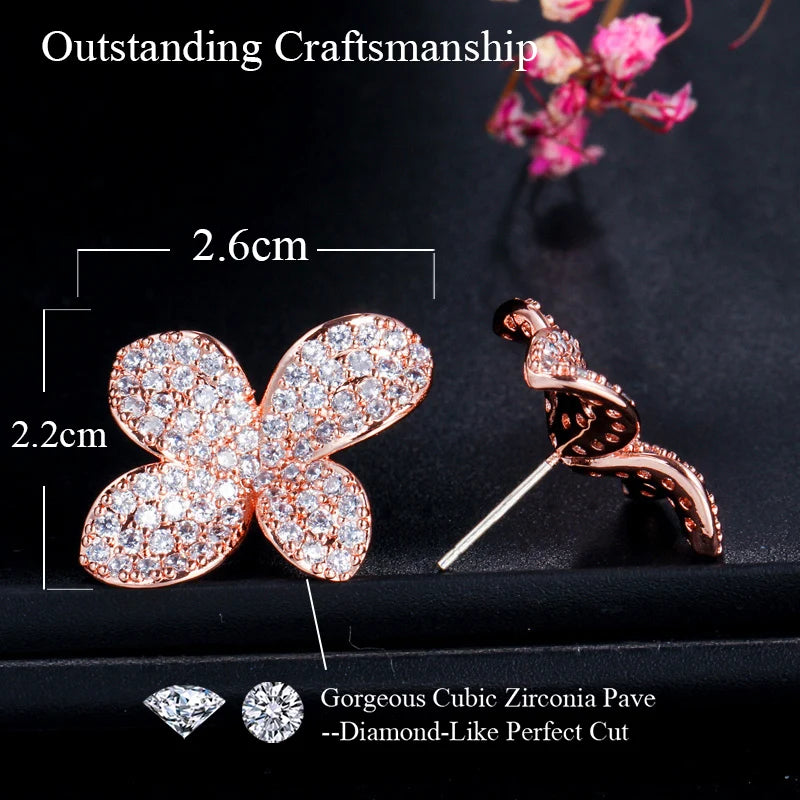 Graceful Design Rose Gold Plated Cubic Zircon Flower Stud Earrings for Women Party Daily Wear Appointment Gift