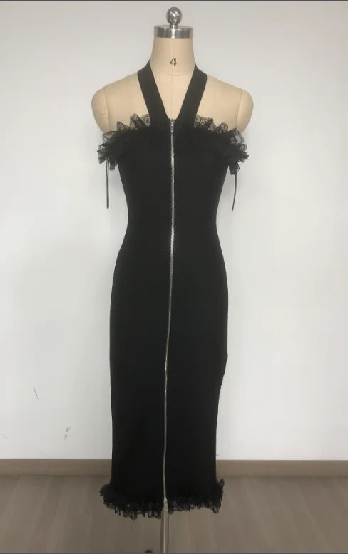 High Quality Summer Evening Sleeveless Halter Party Elegant Ruffles Bodycon Bandage Dress