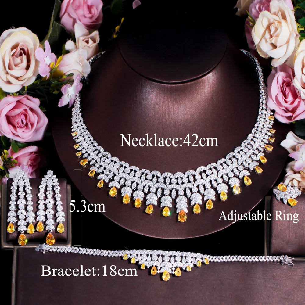 Yellow Zircon Luxury Indian Nigeria CZ Crystal Wedding Bridal Jewelry Set Big Tassel Necklace for Women Engagement Jewellery