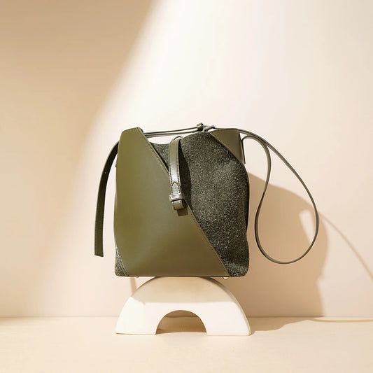 Large Capacity Genuine Cowhide Leather Bucket Bag Fashion Trendy Suede Shoulder Purse for Ladies Soft Vintage Style for Summer