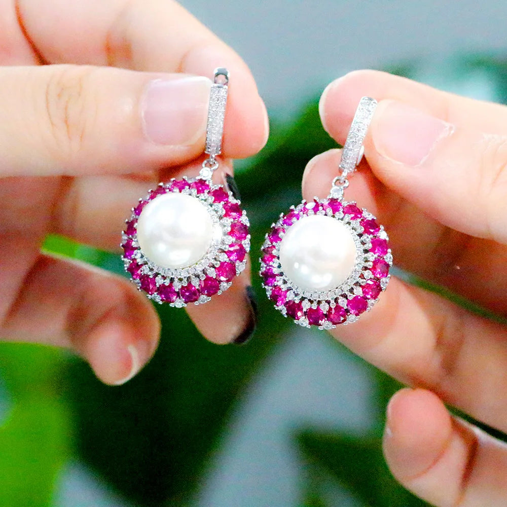 Fashion Silver Plated CZ Huggie Round Big Pearl Drop Earrings for Wedding Quality Green Red Cubic Zirconia Crystal Jewelry Gifts