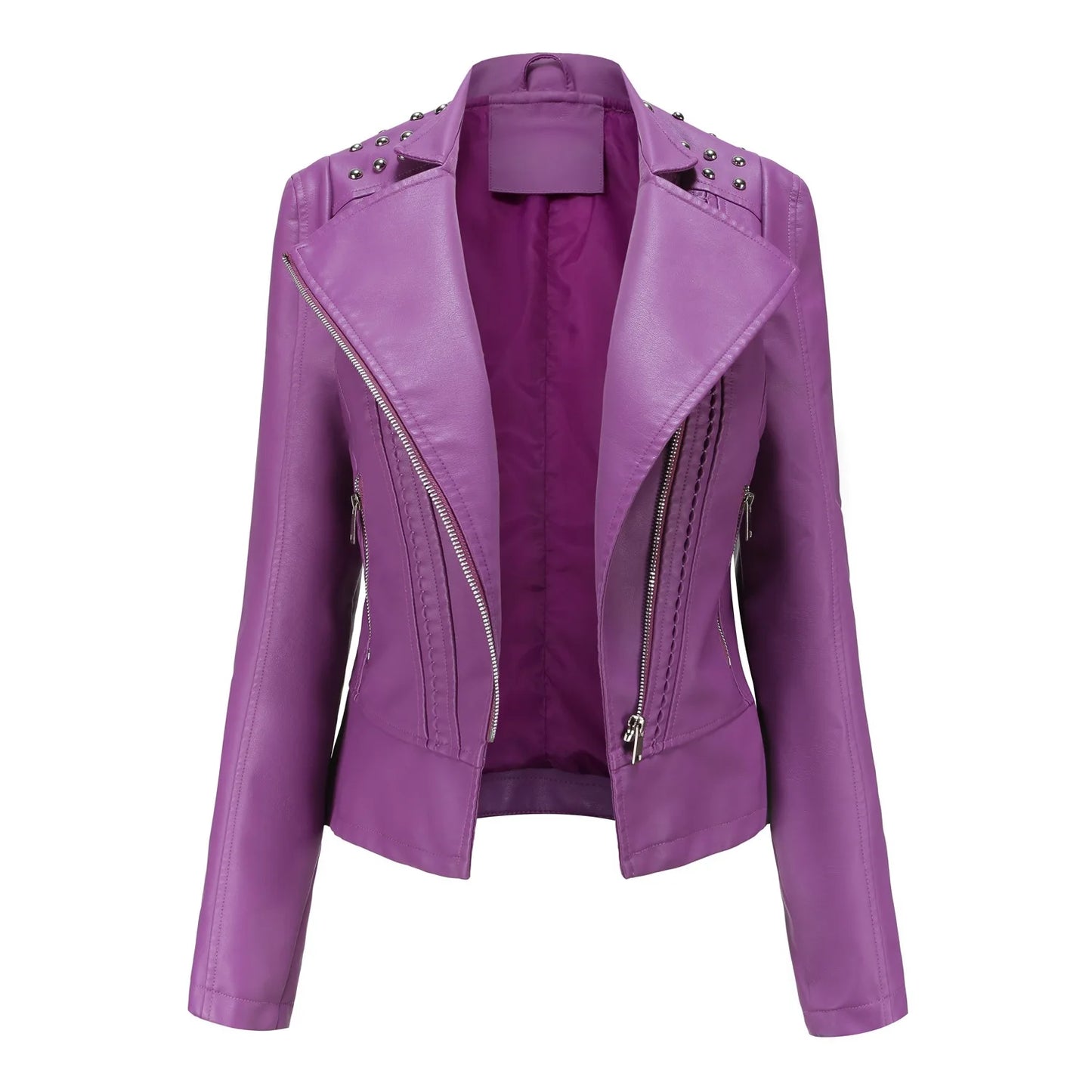 Ladies' Beaded Leather Jacket Women's Long-sleeved Fashion Jacket Thin Spring and Autumn Women's Leather Jacket with Lapel Coat