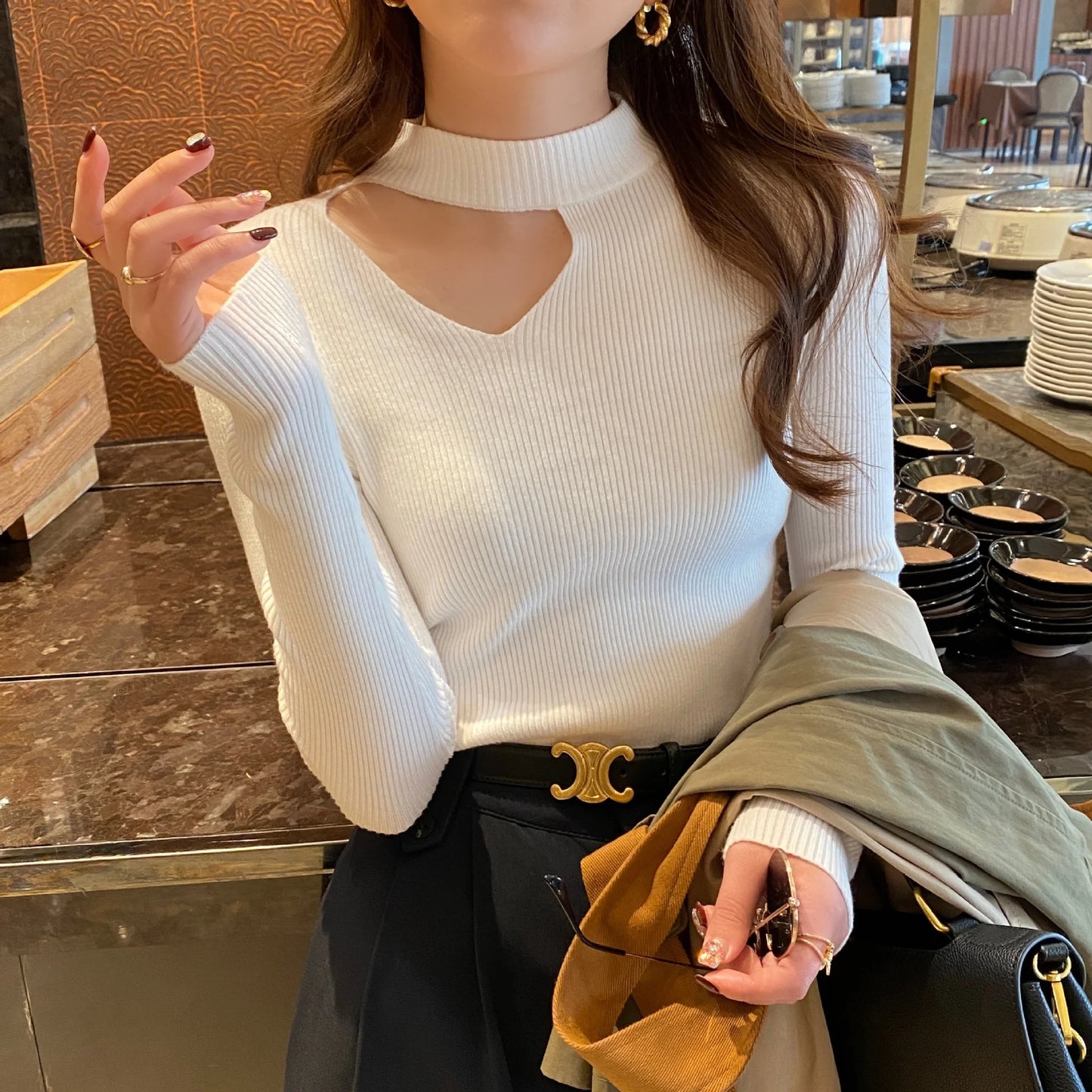 Sweater Women's Spring Fall Winter Inner Wear New Design Knitted Shirt Slim Top