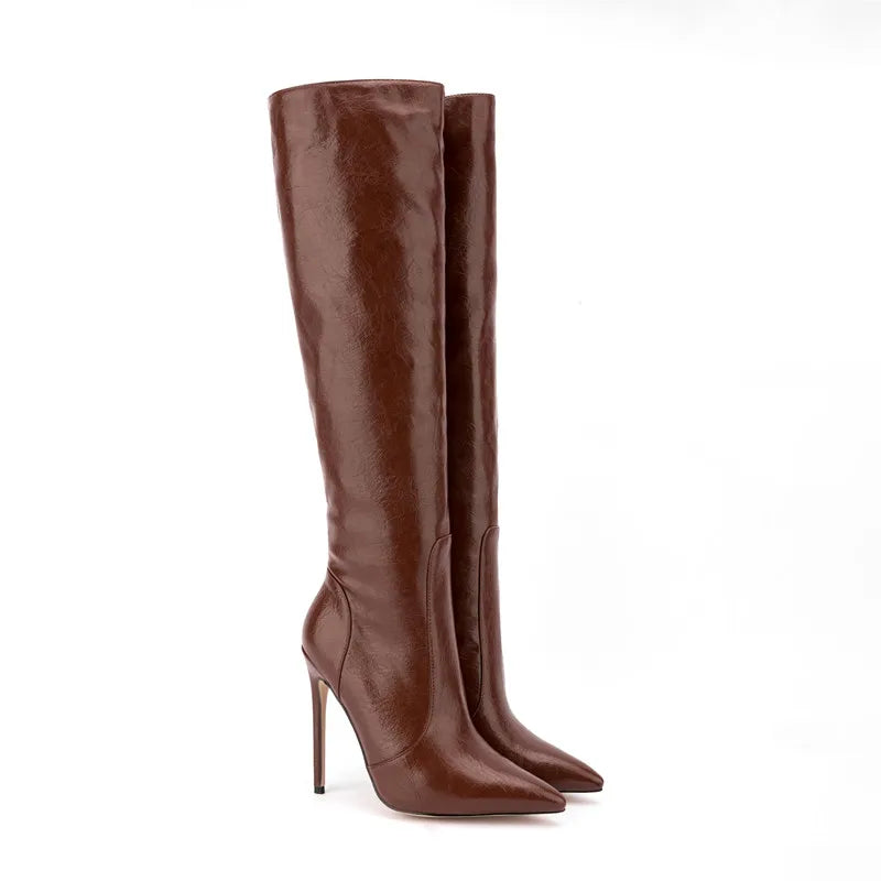 Fashion Style Crazy Horse Pattern Pointy Toe Long Boots Side Zipper Stiletto High Heel Knee High Boots for Women