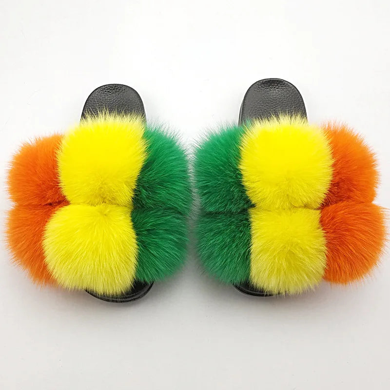 Woman Elegantes Adjustable Slides Fluffy Platform Sandal Rainbow Faux Fur Slippers
