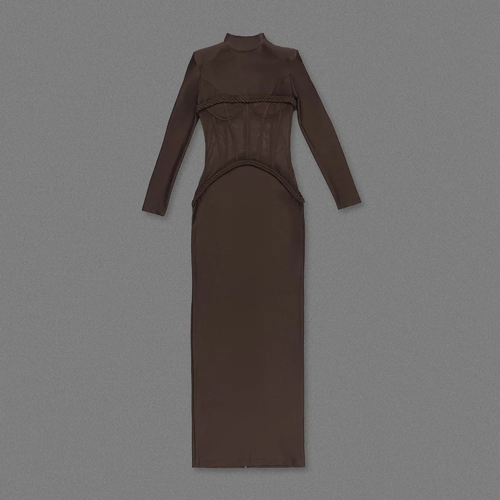 Sexy New Design See-Through Mesh Dress Corset Long Sleeve Maxi Cocktail Party Evening Dress