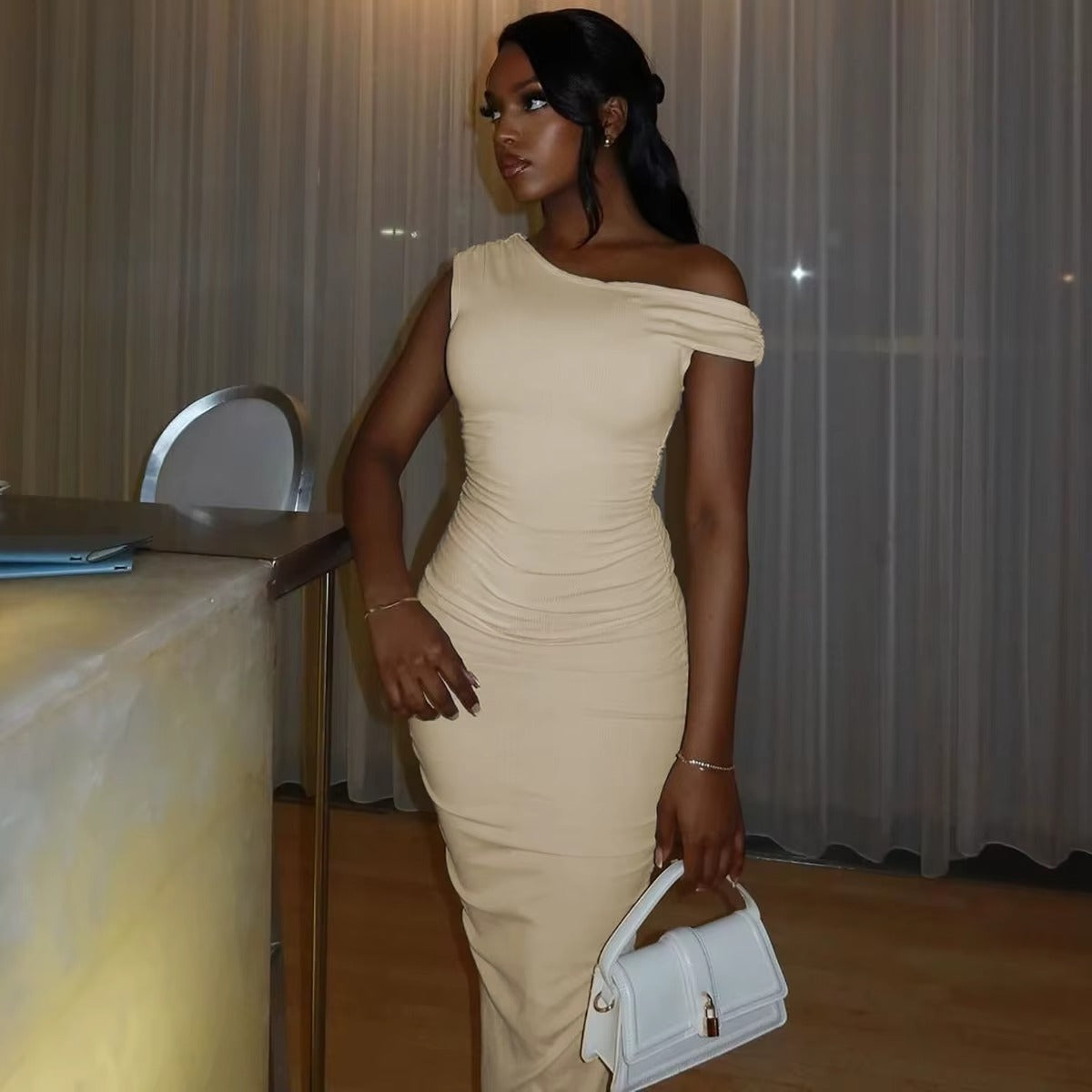 Elegant Bodycon Maxi Vestidos Women Chic Solid Skew Collar Sleeveless Pleated Long Dresses Female New Summer Party Outfits