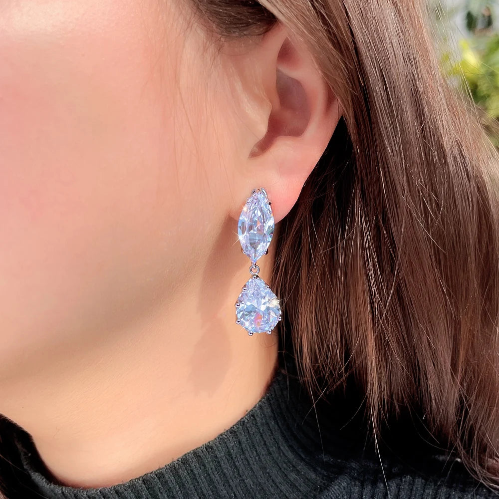 Women Luxury Non Pierced Jewellery Shiny White Cubic Zirconia Clip on Earrings for Girls Wedding Party Special Occasions Jewelry
