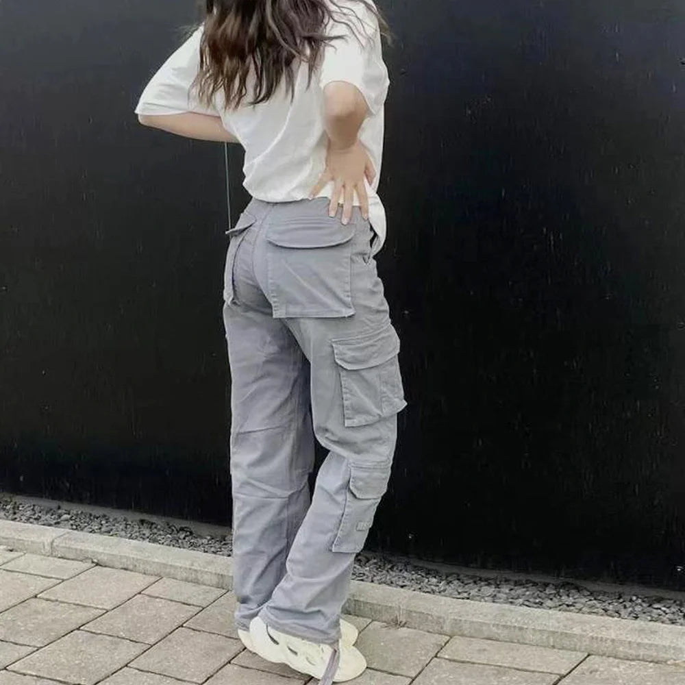 2025 Girls Fashion Loose Cotton Straight Pants Street Hip-hop Outwear Front Pocket Long Overalls Trousers Women's Clothing