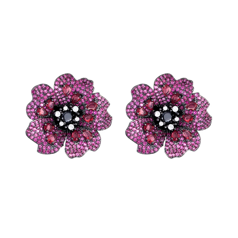 Luxury Rose Red Cubic Zirconia Big Flower Stud Earrings for Women Fashion Elegant Daily Party Costume Jewelry