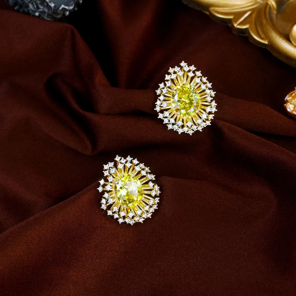 New Trendy Shiny Unique Olive Green Zircon Yellow Gold Plated Big Fireworks Shaped Stud Earrings for Women Daily Party Jewelry