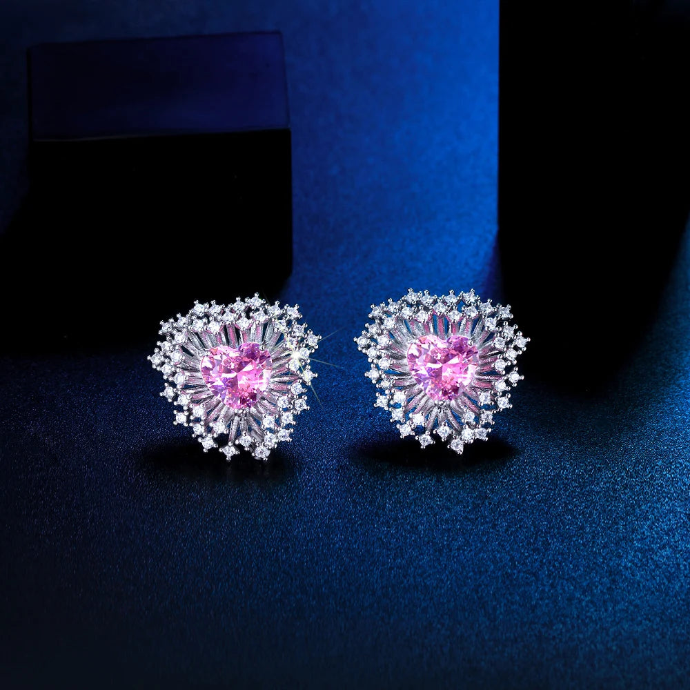 Trendy Fashion Pink Heart Cut Cubic Zirconia Firework Shape Stud Earrings for Women Dating Engagement Party Jewelry