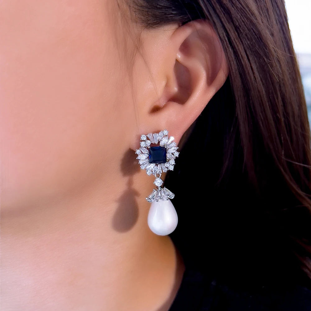 Vintage Luxury White and Royal Blue Cubic Zirconia Brides Big Simulated Pearl Dangle Drop Earring for Women Wedding Party